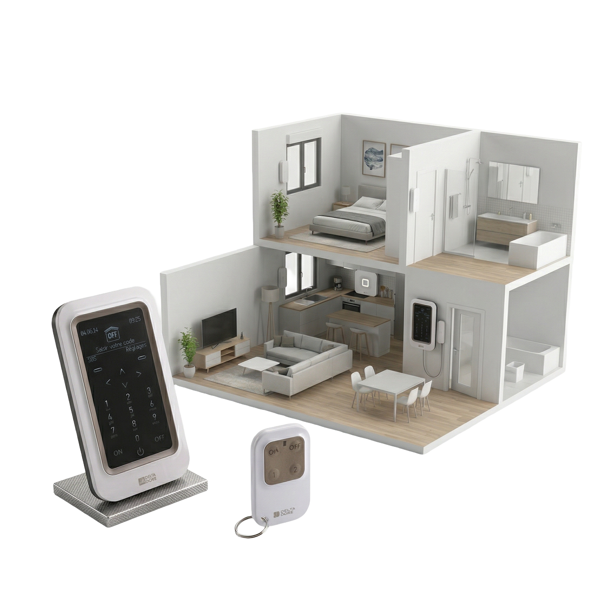 Système alarme Delta Dore Tyxal+ avec maquette appartement protégé